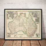 Old Map of Australia, 1911 by Johnston - NSW, Sydney, Queensland, Brisbane, Melbourne, Adelaide, Perth, Hobart