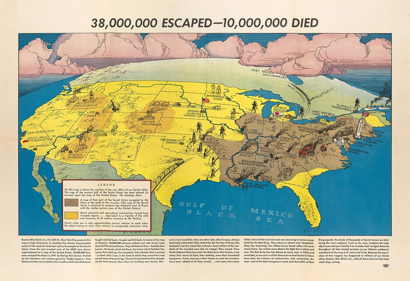 Alte Karte von Russland und den USA, 1943 - WW2 Nazi-Invasion der Sowjetunion, Ukraine - 38.000.000 entkamen, 10.000.000 starben