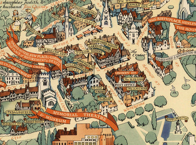 Ancienne carte picturale de Stratford Upon Avon, 1948 par Kerry Lee - Shakespeare, théâtre, pièces, maison de Nash, points de repère du poète