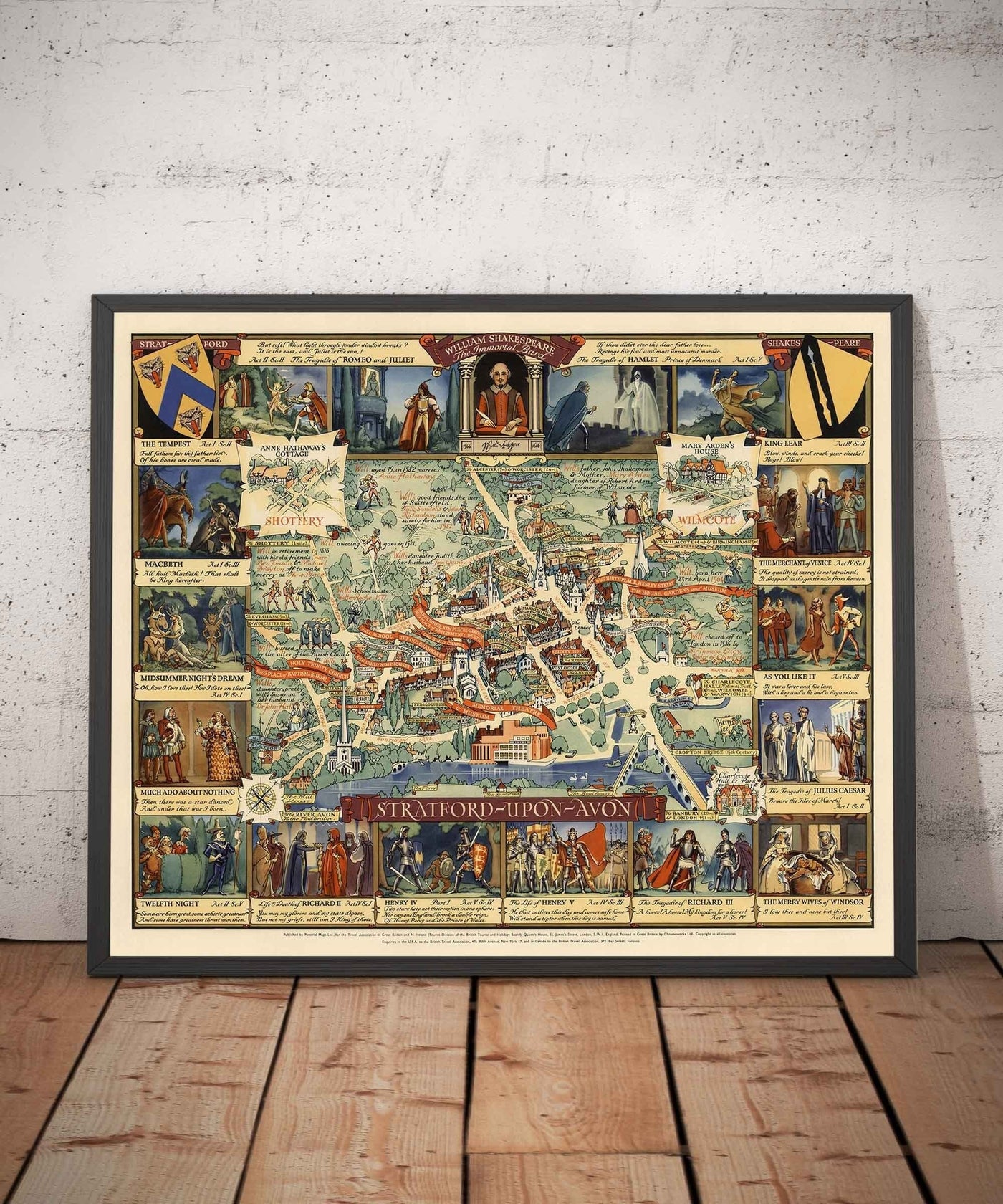 Antiguo mapa pictórico de Stratford Upon Avon, 1948 por Kerry Lee - Shakespeare, Teatro, Obras, Casa de Nash, Hitos del poeta