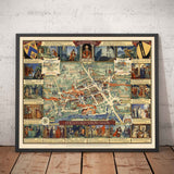Vecchia Mappa Pittorica di Stratford Upon Avon, 1948 di Kerry Lee - Shakespeare, Teatro, Opere, Casa di Nash, Luoghi Letterari del Poeta 