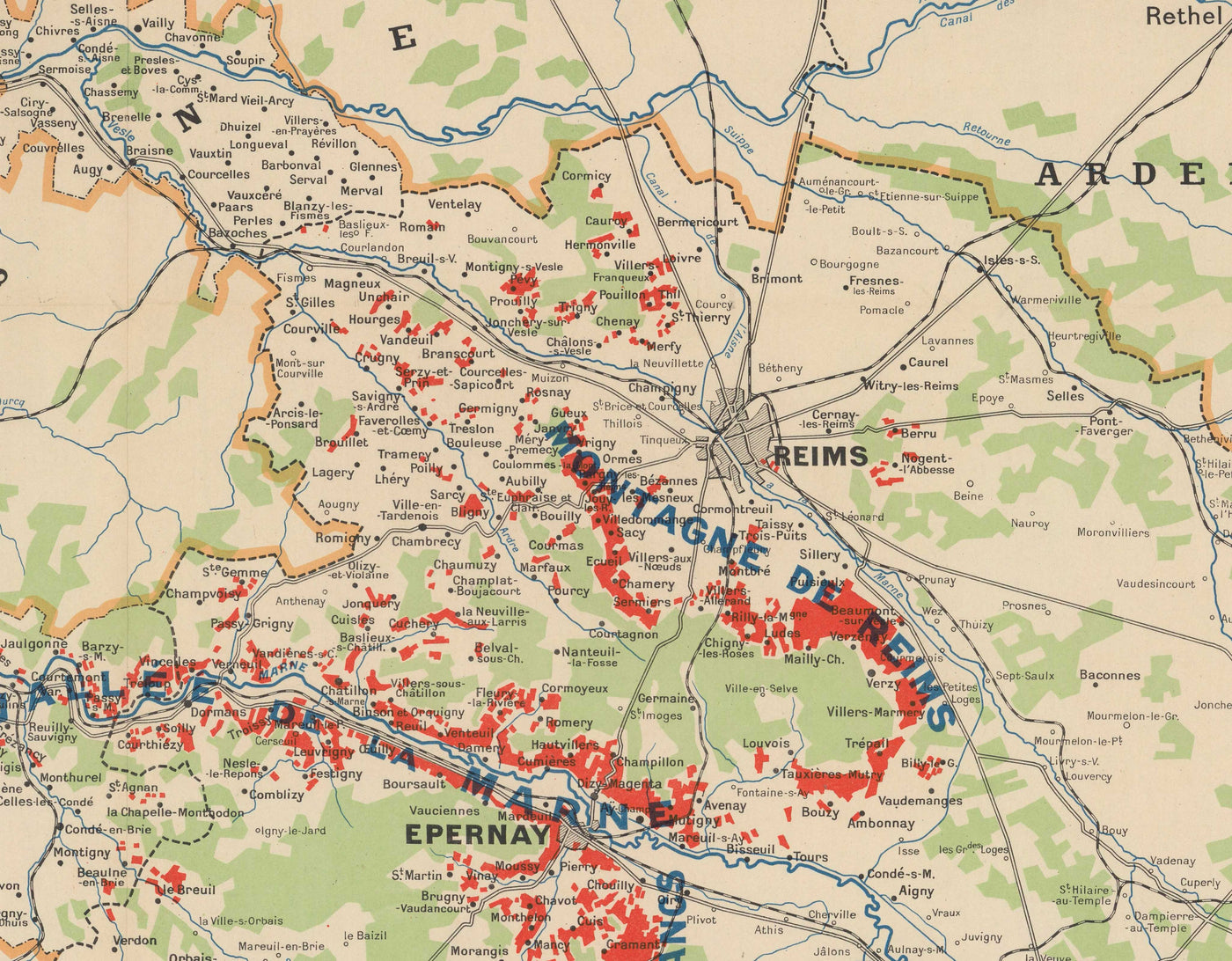 Antiguo mapa de viñedos de Champaña, Francia, 1944 por Louis Larmat - Reims, Epernay, Troyes, Chatau-Thierry, Bar-Sur-Seine