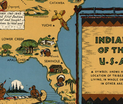 Alte Karte von amerikanischen Ureinwohnern, 1944 - Indianer von USA: Historische Stammplätze von Navajo, Cherokee, Chippeewa, Sioux, Chorctaw, Apache und mehr