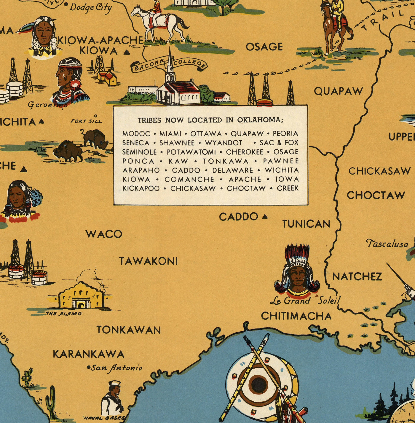 Ancienne carte des Amérindiens, 1944 - Indiens des États-Unis: Tribu historique Lieux de Navajo, Cherokee, Chippewa, Sioux, Choctaw, Apache et plus