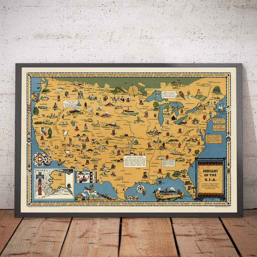 Mappa antica dei nativi americani, 1944 - Indiani degli USA: Localizzazione storica delle tribù Navajo, Cherokee, Chippewa, Sioux, Choctaw, Apache e altro 