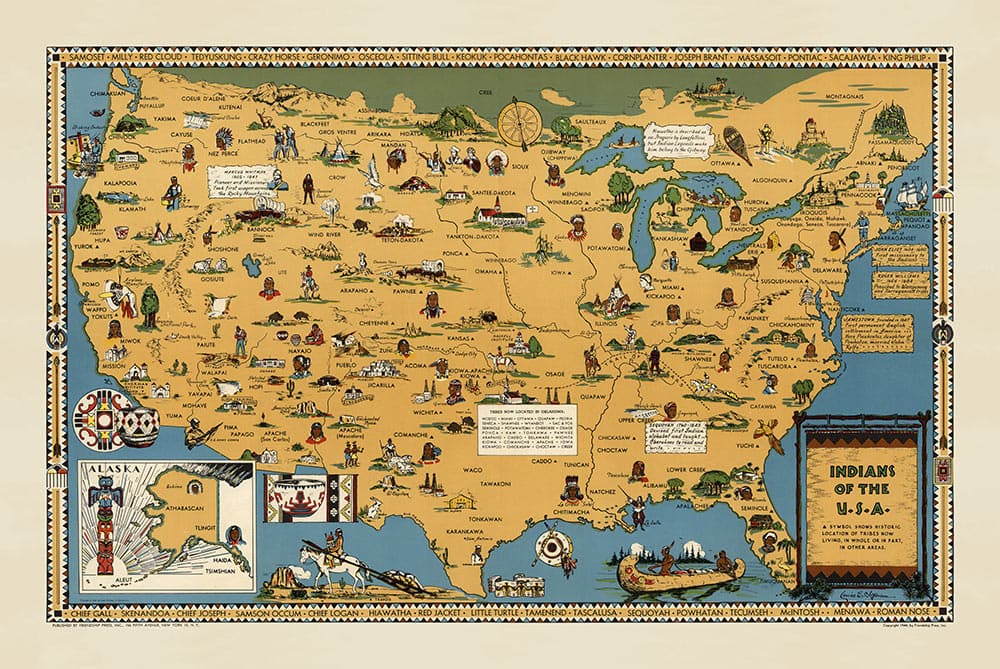 Antiguo mapa de los nativos americanos, 1944 Indios de