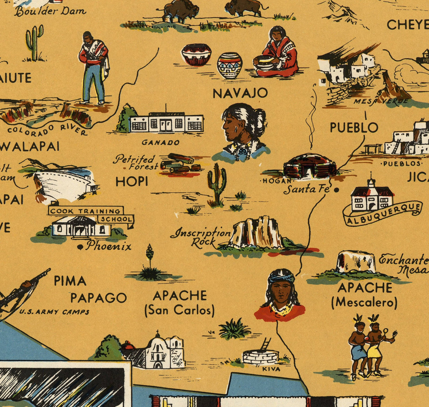 Ancienne carte des Amérindiens, 1944 - Indiens des États-Unis: Tribu historique Lieux de Navajo, Cherokee, Chippewa, Sioux, Choctaw, Apache et plus