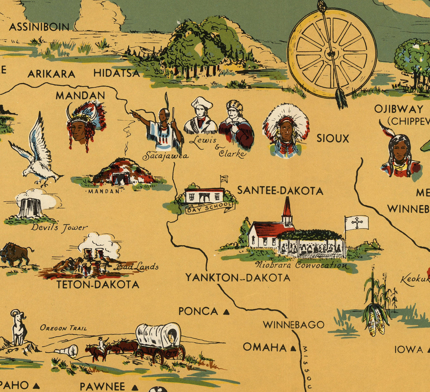Alte Karte von amerikanischen Ureinwohnern, 1944 - Indianer von USA: Historische Stammplätze von Navajo, Cherokee, Chippeewa, Sioux, Chorctaw, Apache und mehr