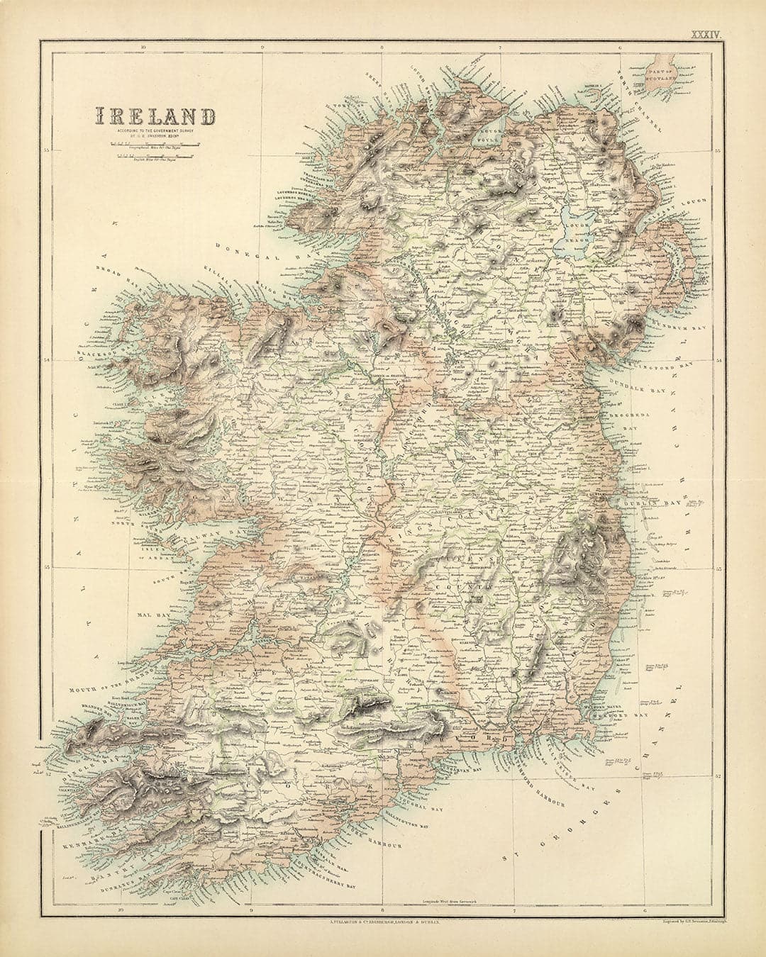 Alte Karte von Irland im Jahr 1872 - seltene, attraktive Farbkarte von A. Fullarton & Co