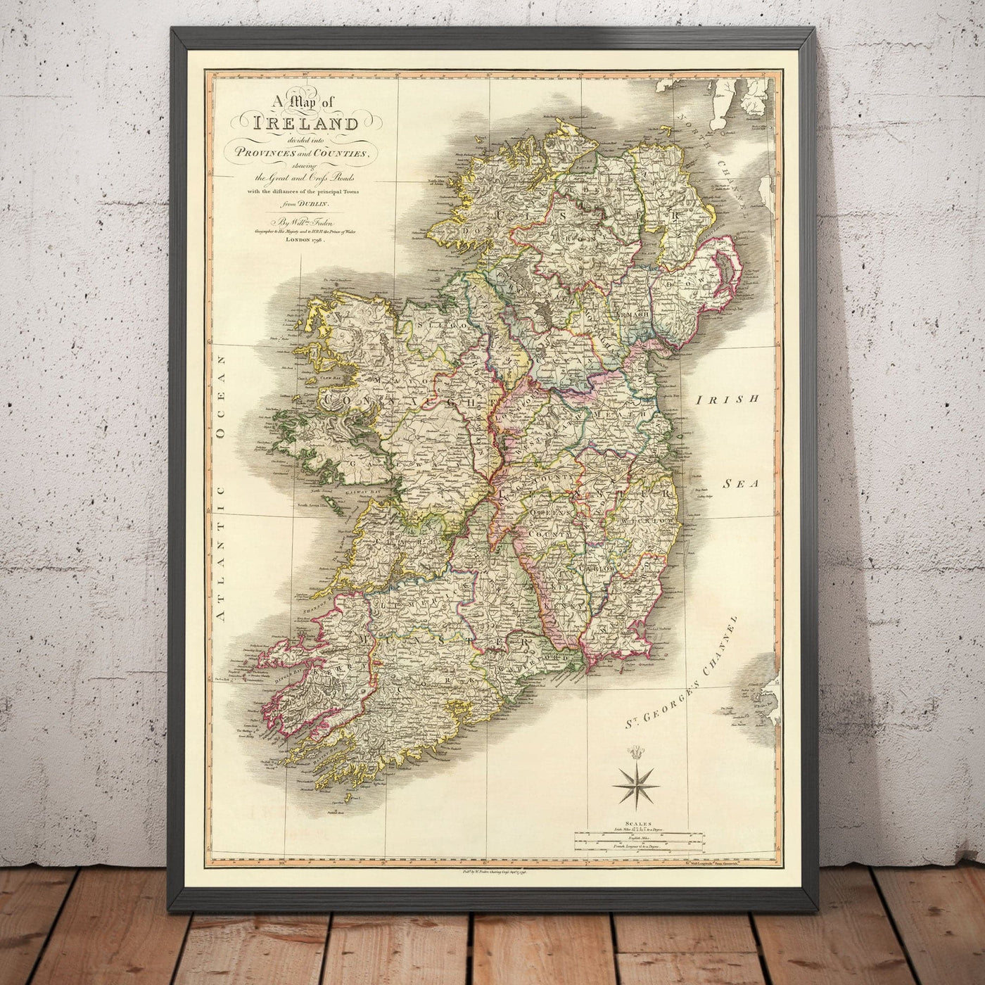 Viejo Mapa de Irlanda en 1798 por W. Faden - Mapa de Atlas de color raro - Dublín, Belfast, Cork