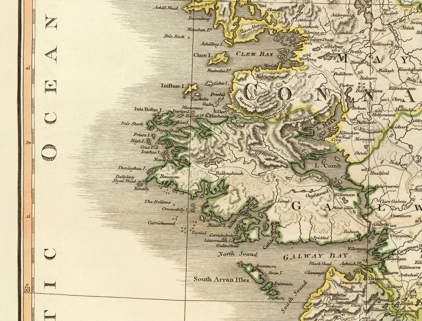 Viejo Mapa de Irlanda en 1798 por W. Faden - Mapa de Atlas de color raro - Dublín, Belfast, Cork