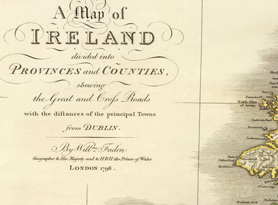 Alte Karte von Irland 1798 von W. Faden - Seltene Farbatlas-Karte - Dublin, Belfast, Kork