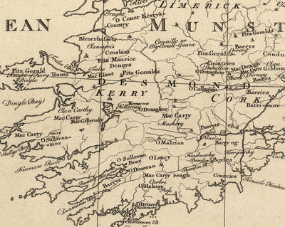 Alte Karte von Irland Familiennamen, 1795 - O'Neill, O'Brien, O'Leary, O'Sullivan, O'Conor, O'Flaherty, O'Dowd, etc