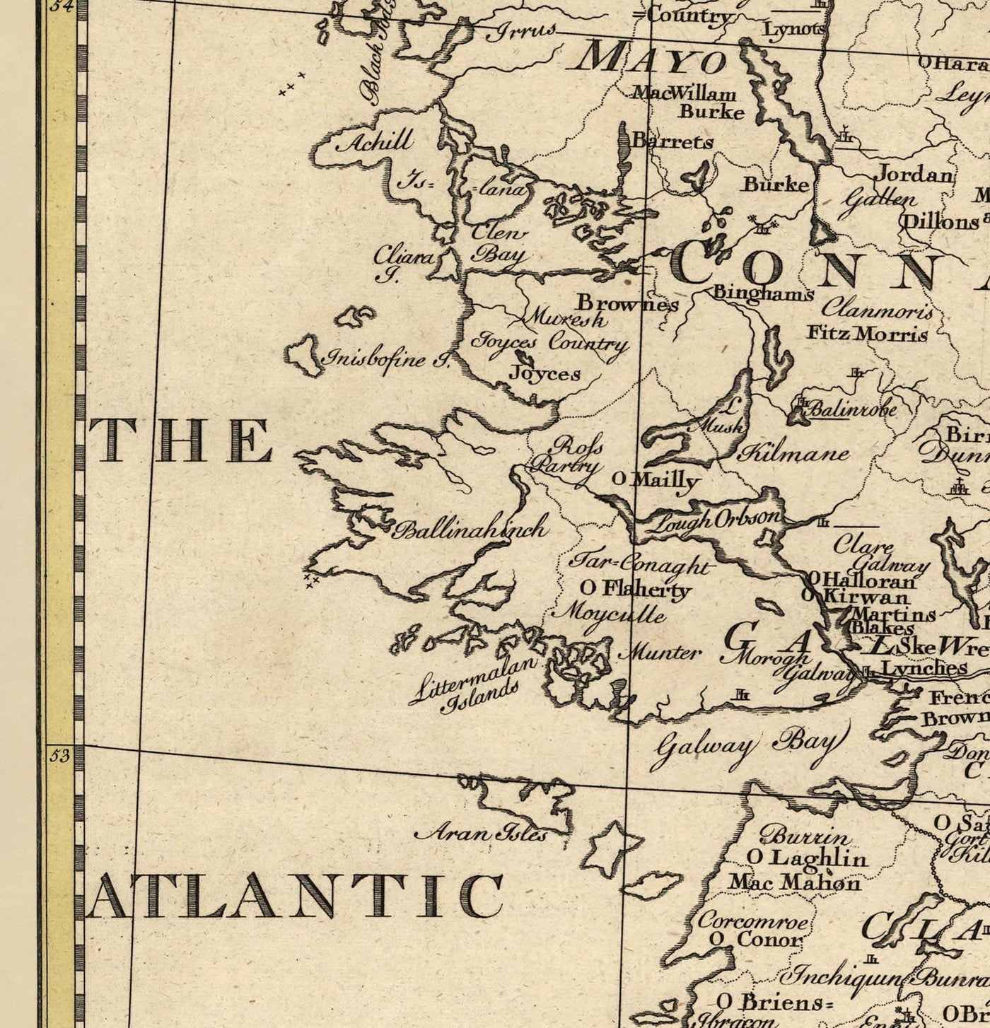 Ancienne carte d'Irlande Noms de famille, 1795 - O'Neill, O'Brien, O'Leary, O'Sullivan, O'Conor, O'Flaherty, O'Dowd, etc.