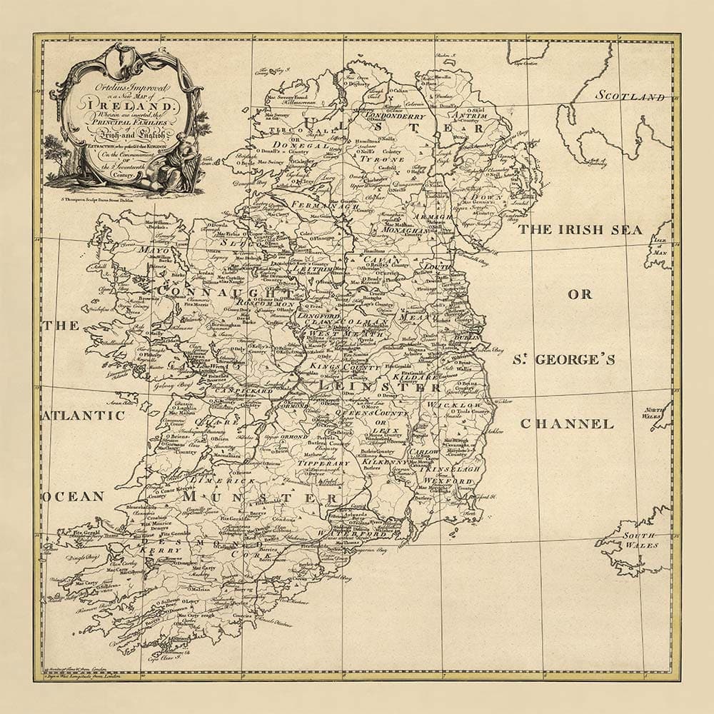 Antiguo mapa de nombres de familia de Irlanda, 1795 - O'Neill, O'Brien, O'Leary, O'Sullivan, O'Conor, O'Flaherty, O'Dowd, etc.