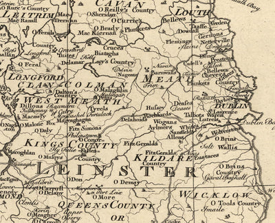 Antiguo mapa de nombres de familia de Irlanda, 1795 - O'Neill, O'Brien, O'Leary, O'Sullivan, O'Conor, O'Flaherty, O'Dowd, etc.
