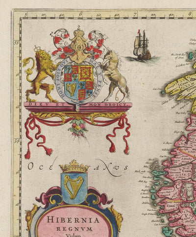 Ancienne carte d'Irlande, Hibernia en 1654 par Joan Blaaueu de Theatrum Orbis Terrarum Sive Atlas Novus - British Isles