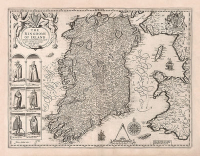 Alte Karte von Irland, Éireann 1611 von John Speed ​​- Monochrome antike Vintage-Karte