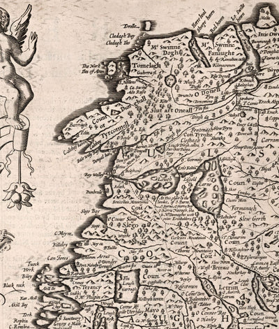 Ancienne carte d'Irlande, Éraeann 1611 par John Speed ​​- MONOCHROME Antique Vintage Carte