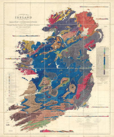 Große alte geologische Karte von Irland, 1837 von Richard John Griffith für die Eisenbahnkommissare
