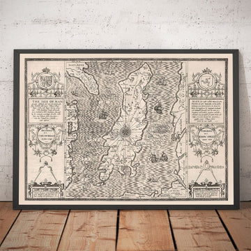 Mapa monocromático viejo de la isla del hombre, 1611 de John Speed ​​- Douglas, Castletown, Peel, Ramsey
