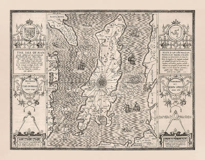Alte monochrome Karte der Insel des Mannes, 1611 von John Speed ​​- Douglas, Castletown, Peel, Ramsey