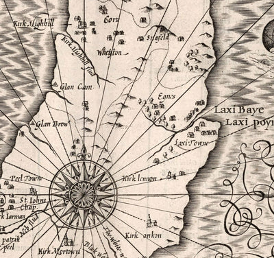 Vieille carte monochrome de l'île de l'homme, 1611 par John Speed ​​- Douglas, Castletown, Peel, Ramsey