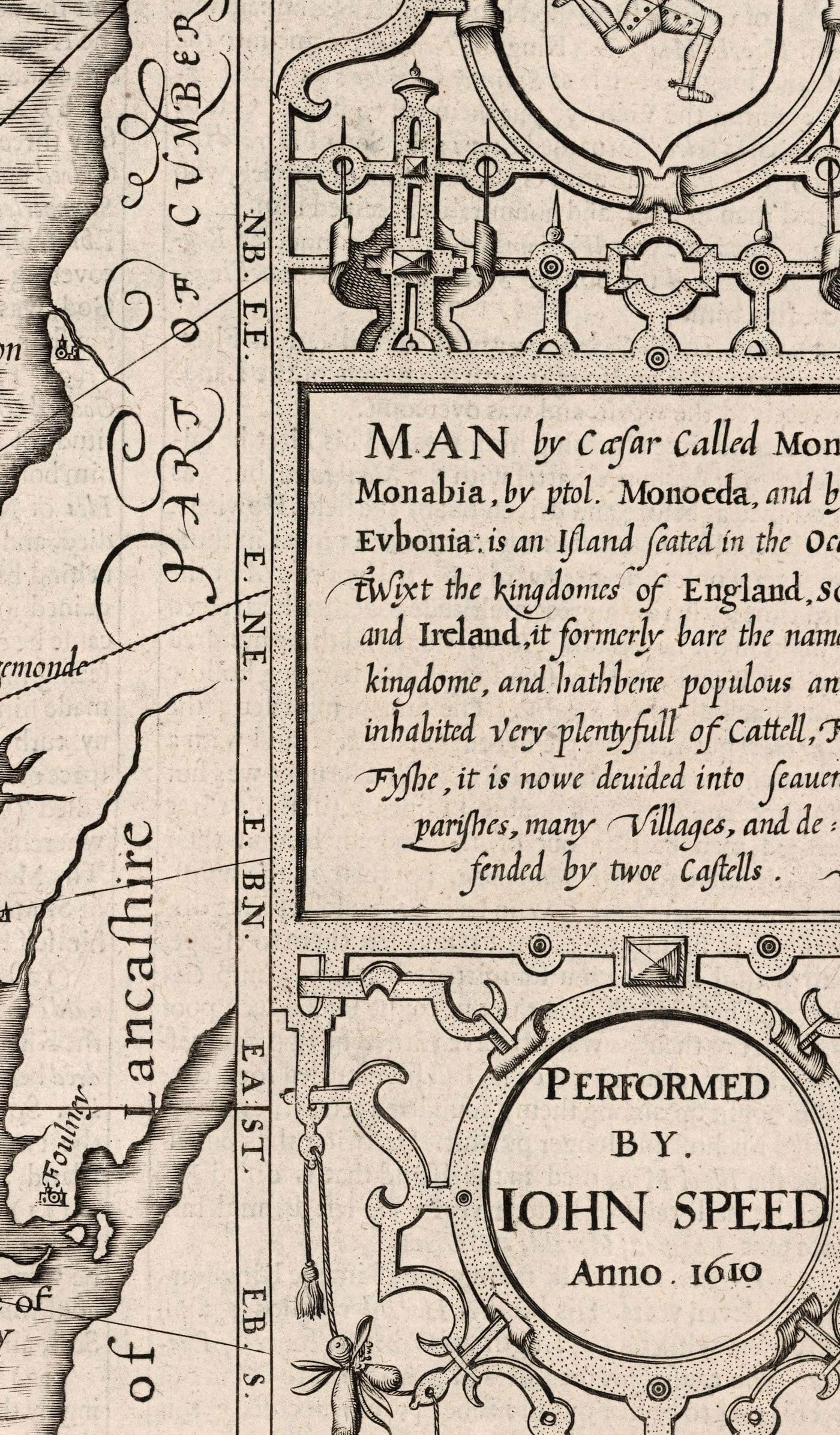 Mapa monocromático viejo de la isla del hombre, 1611 de John Speed ​​- Douglas, Castletown, Peel, Ramsey