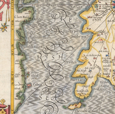 Viejo Mapa de Isle of Man, 1611 de John Speed ​​- Douglas, Castletown, Peel, Ramsey