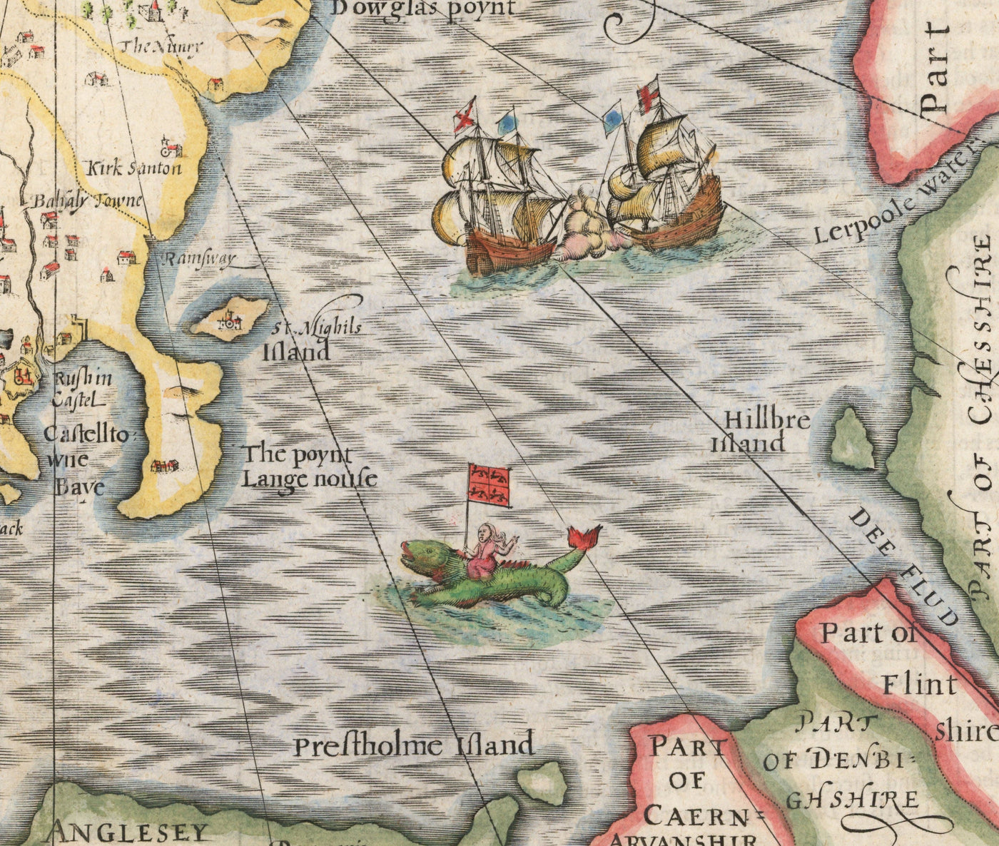 Ancienne carte de l'île de l'homme, 1611 par John Vitesse - Douglas, Castletown, Peel, Ramsey