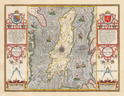 Viejo Mapa de Isle of Man, 1611 de John Speed ​​- Douglas, Castletown, Peel, Ramsey