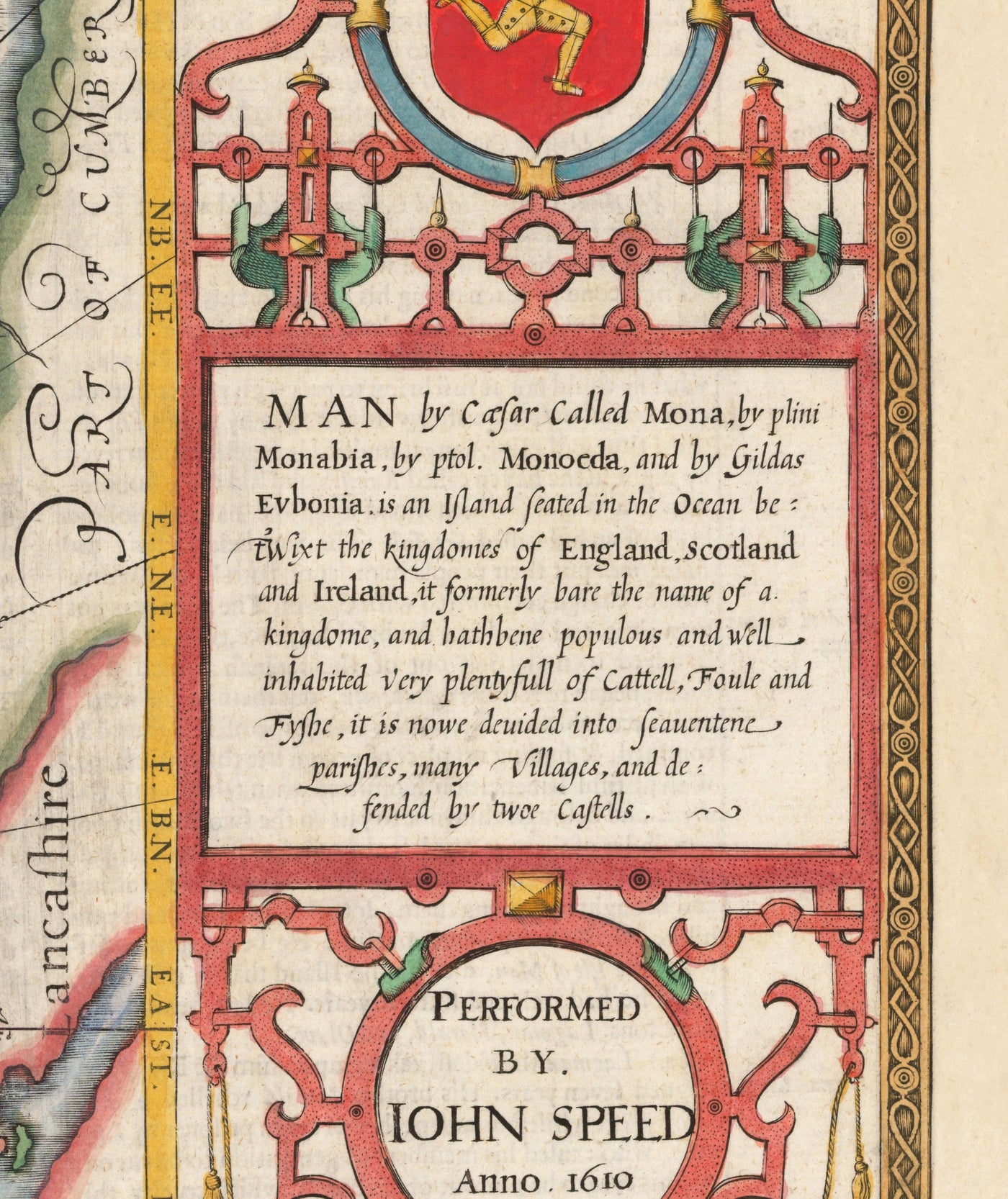 Ancienne carte de l'île de l'homme, 1611 par John Vitesse - Douglas, Castletown, Peel, Ramsey