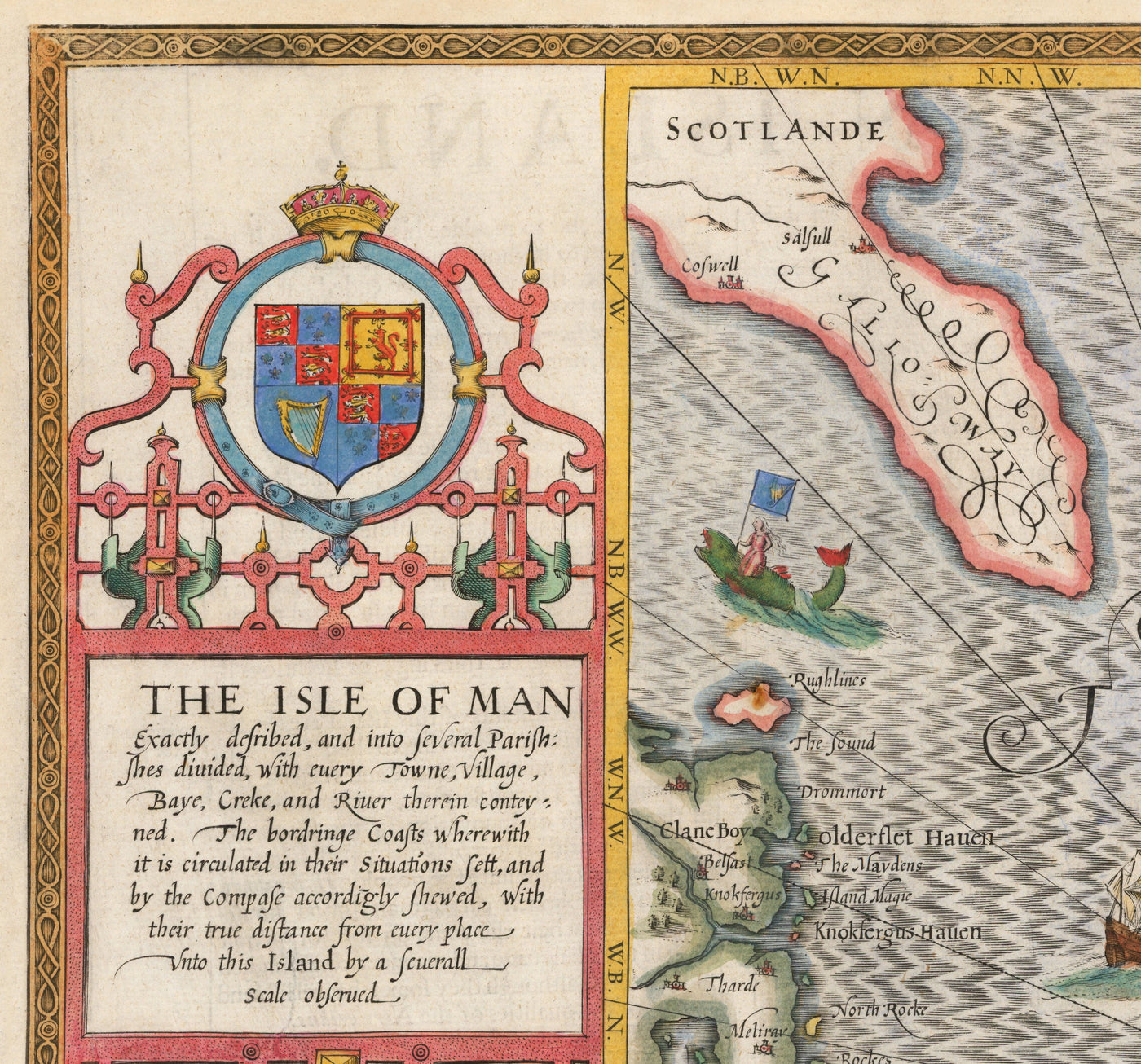 Alte Karte der Insel des Menschen, 1611 von John Speed ​​- Douglas, Castletown, Peel, Ramsey