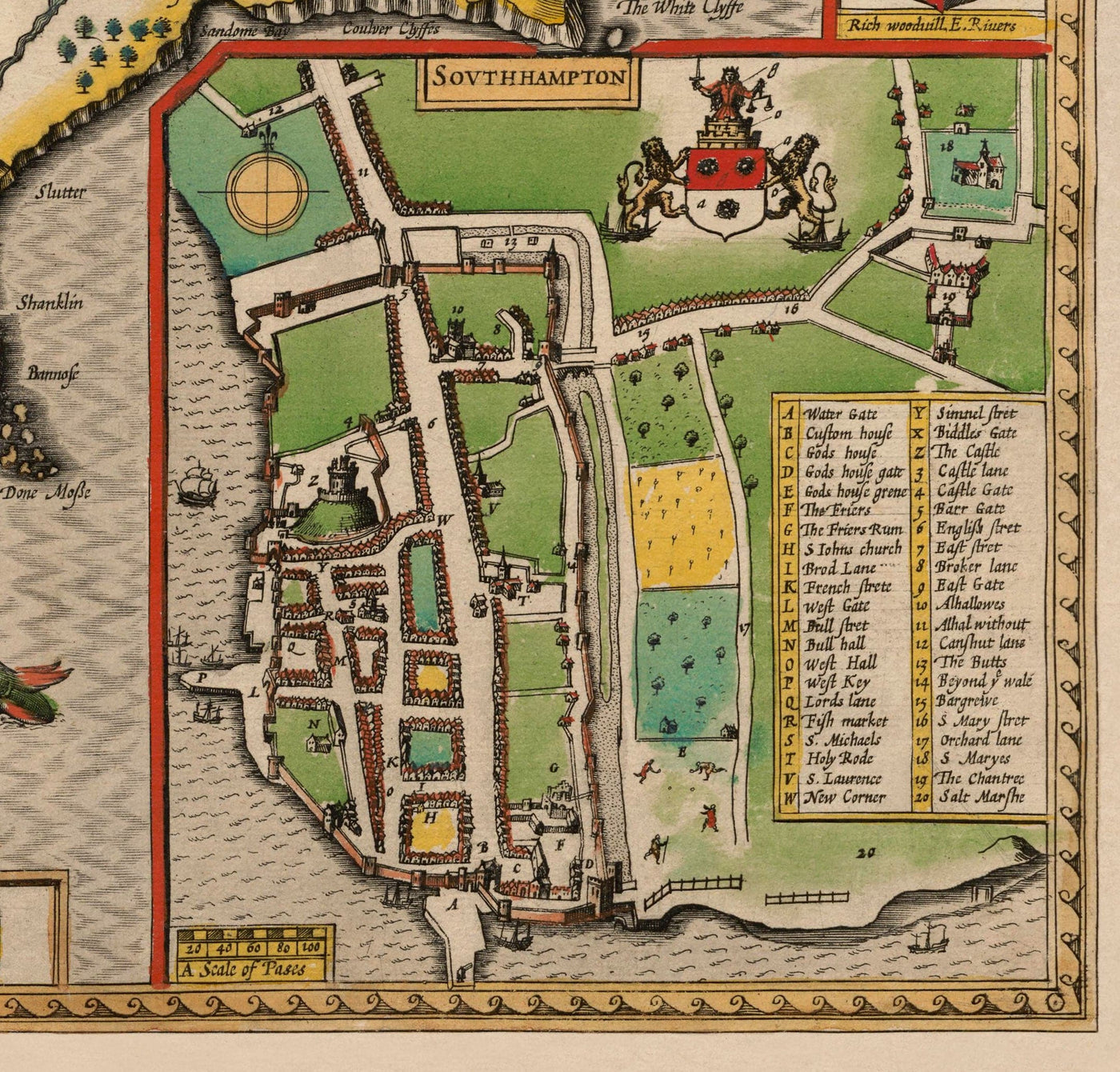 Ancienne carte de l'île de Wight, 1611 par John Speed ​​- Newport, Ride, Coches, Sandown, Shanklin