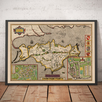 Viejo Mapa de Isle of Wight, 1611 de John Speed ​​- Newport, Ride, Cowes, Sandown, Shanklin