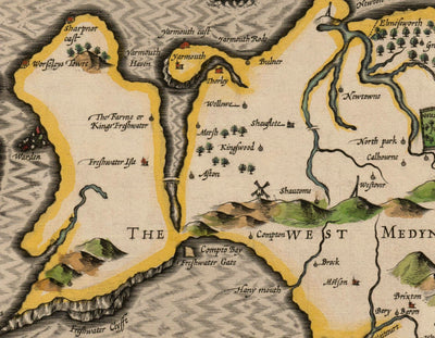 Ancienne carte de l'île de Wight, 1611 par John Speed ​​- Newport, Ride, Coches, Sandown, Shanklin