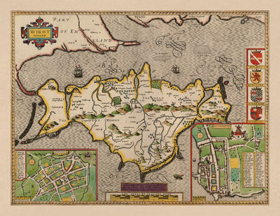 Viejo Mapa de Isle of Wight, 1611 de John Speed ​​- Newport, Ride, Cowes, Sandown, Shanklin