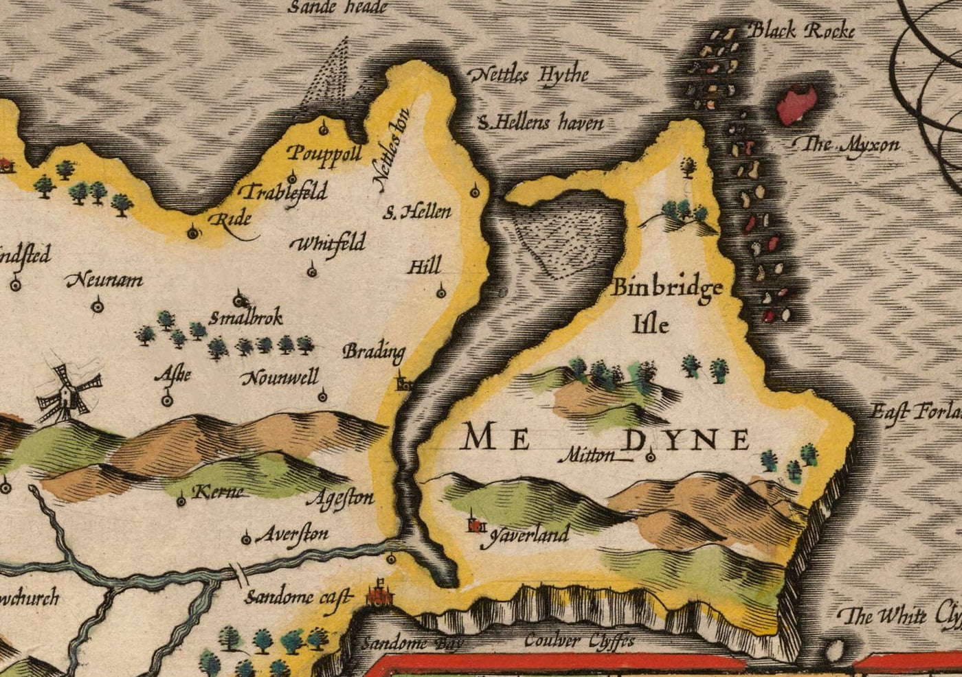 Alte Karte von Isle of Wight, 1611 von John Speed ​​- Newport, Ride, Cowes, Sandown, Shanklin