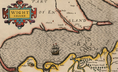 Viejo Mapa de Isle of Wight, 1611 de John Speed ​​- Newport, Ride, Cowes, Sandown, Shanklin