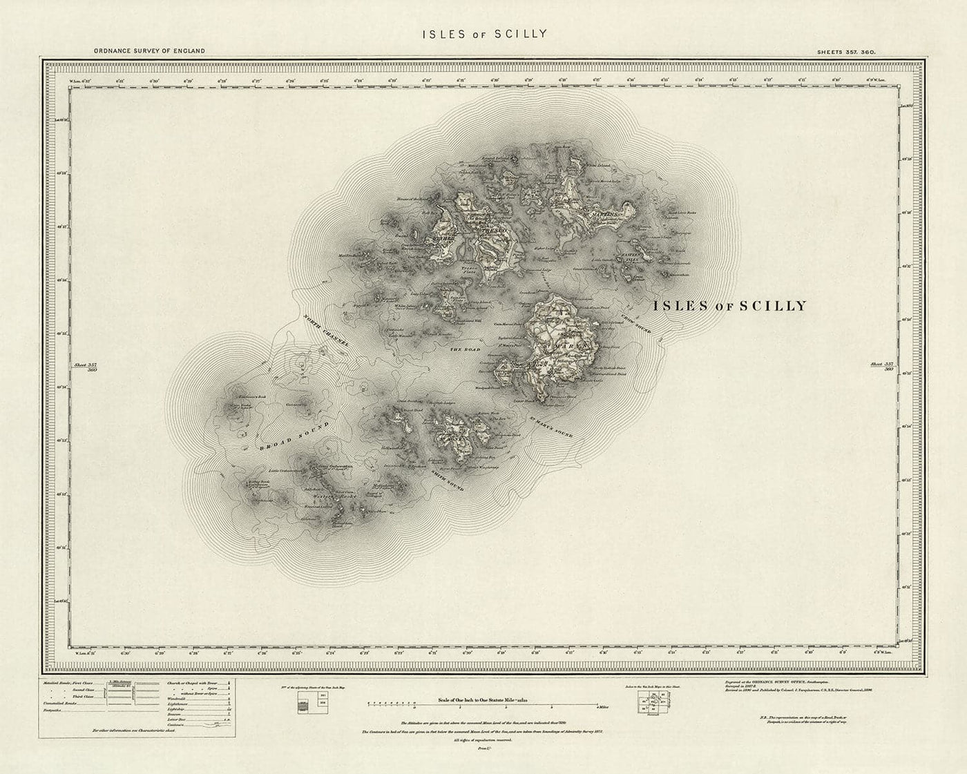 Alte Karte von Inseln von Scilly - St Mary, Martin, Agnes, Tresco, Brigerer & Andere Inseln