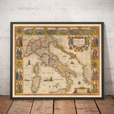 Vieille carte Maincolourrée de l'Italie, 1627 par John Speed ​​- Corse, Sardaigne, Sicile, Venise, Rome, Le pape