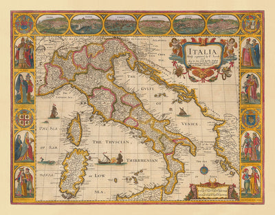 Vieille carte Maincolourrée de l'Italie, 1627 par John Speed ​​- Corse, Sardaigne, Sicile, Venise, Rome, Le pape