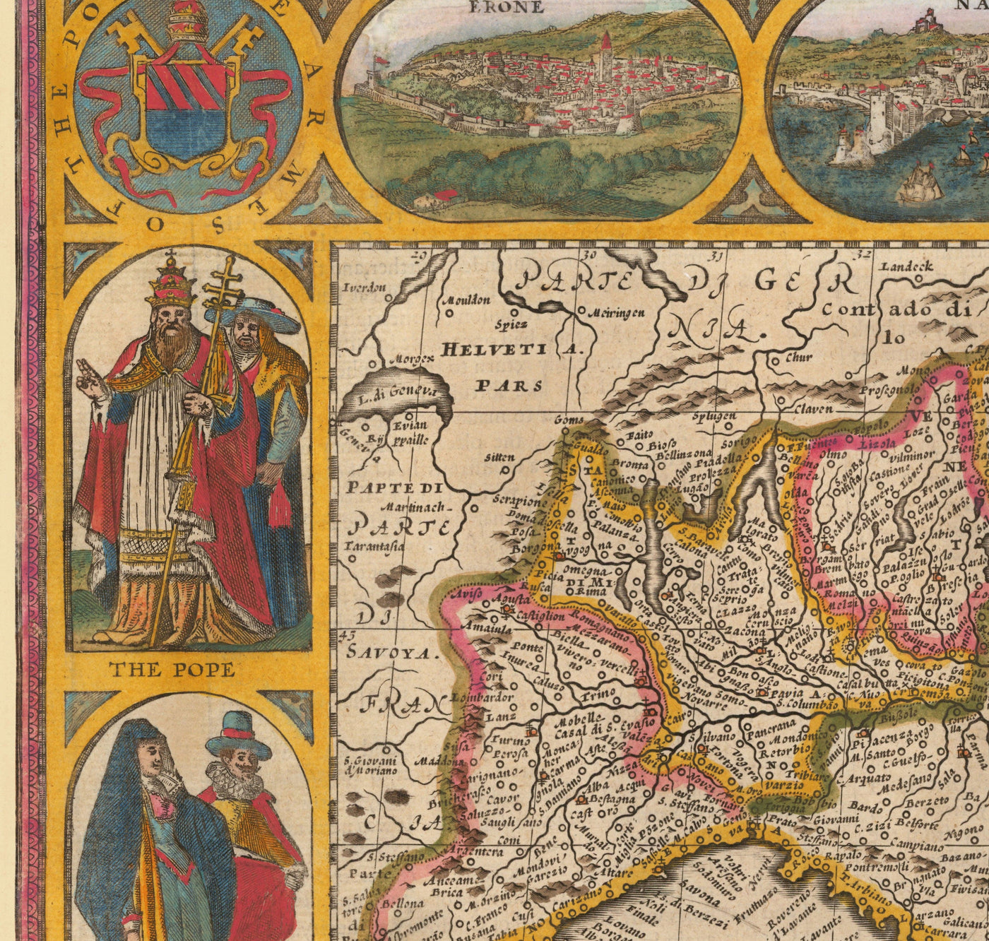 Viejo mapa a mano de Italia, 1627 por John Speed ​​- Córcega, Cerdeña, Sicilia, Venecia, Roma, el Papa