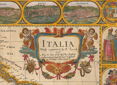 Viejo mapa a mano de Italia, 1627 por John Speed ​​- Córcega, Cerdeña, Sicilia, Venecia, Roma, el Papa