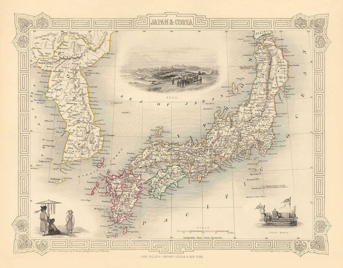 Ancienne carte du Japon et de la Corée, 1851 par Tallis et Rapkin - Kyushu, Honshu, Shikoku, Hokkaido, Tokyo, Séoul