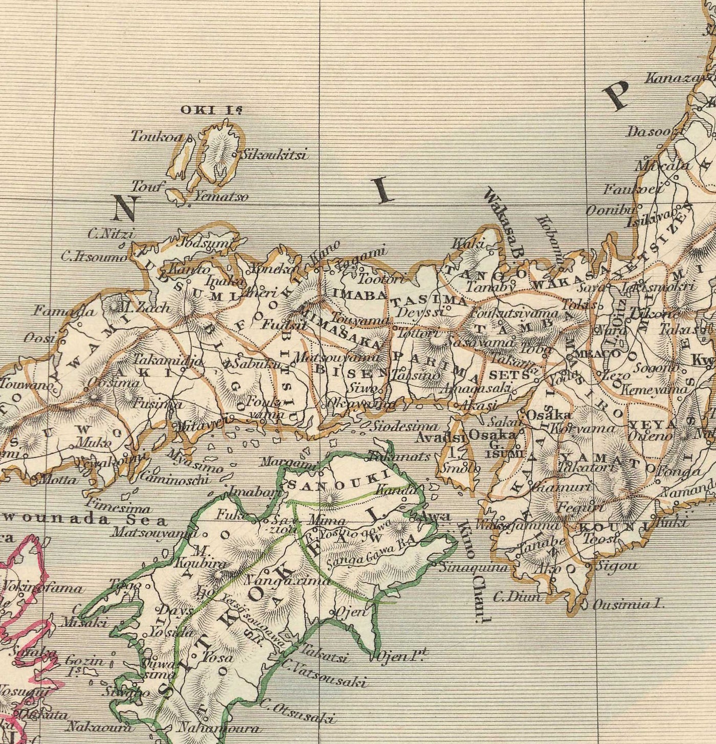 Old Map of Japan & Korea, 1851 by Tallis and Rapkin - Kyushu, Honshu, Shikoku, Hokkaido, Tokyo, Seoul