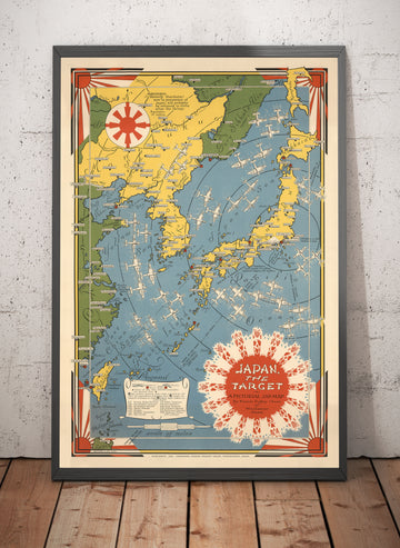 Mappa Pictoriale della Seconda Guerra Mondiale "Giappone il Target", 1942 di Ernest Dudley Chase - Carta di Bombardamento Illustrata della Vecchia WW2 - Cina, Giappone, Corea 