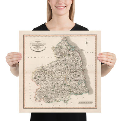 Alte Karte von Northumberland im Jahr 1801 von John Cary - Newcastle, Belford, Hexham, Haltwhistle, Durham