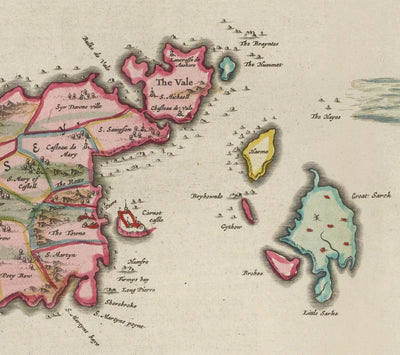 Alte Karte von Jersey und Guernsey, 1665 von Blaeu - Englisch Channel-Inseln, Bailiwicks und Kronenabhängigkeiten, St. Helier, Saint Peter Port