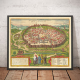 Mappa antica di Gerusalemme, 1582 di Georg Braun - Città Vecchia ebraica e islamica, Monte del Tempio, Mura della città, Torre di Davide, Porta di Giaffa 